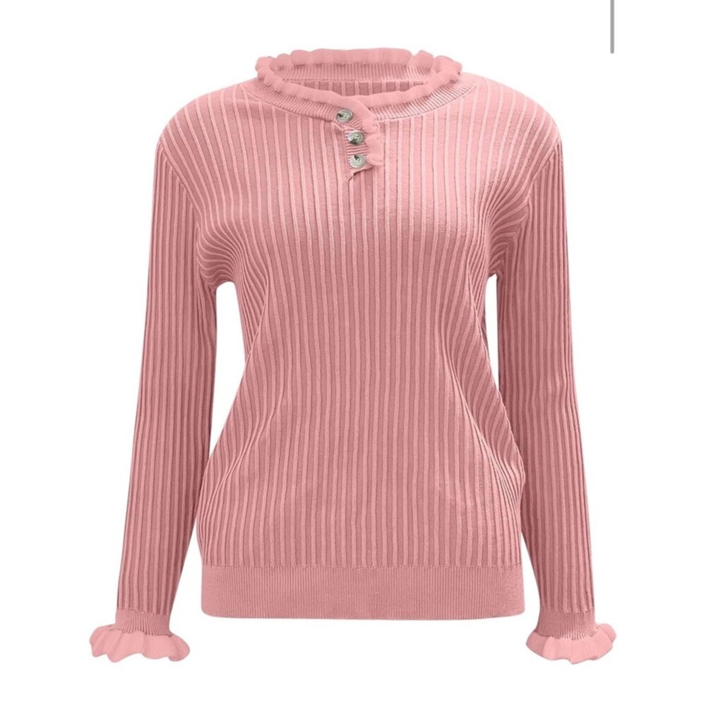 Women’s Sweater Medium Rose Pink Long Sleeve Crewneck Knit Tops Ruffle Button B1